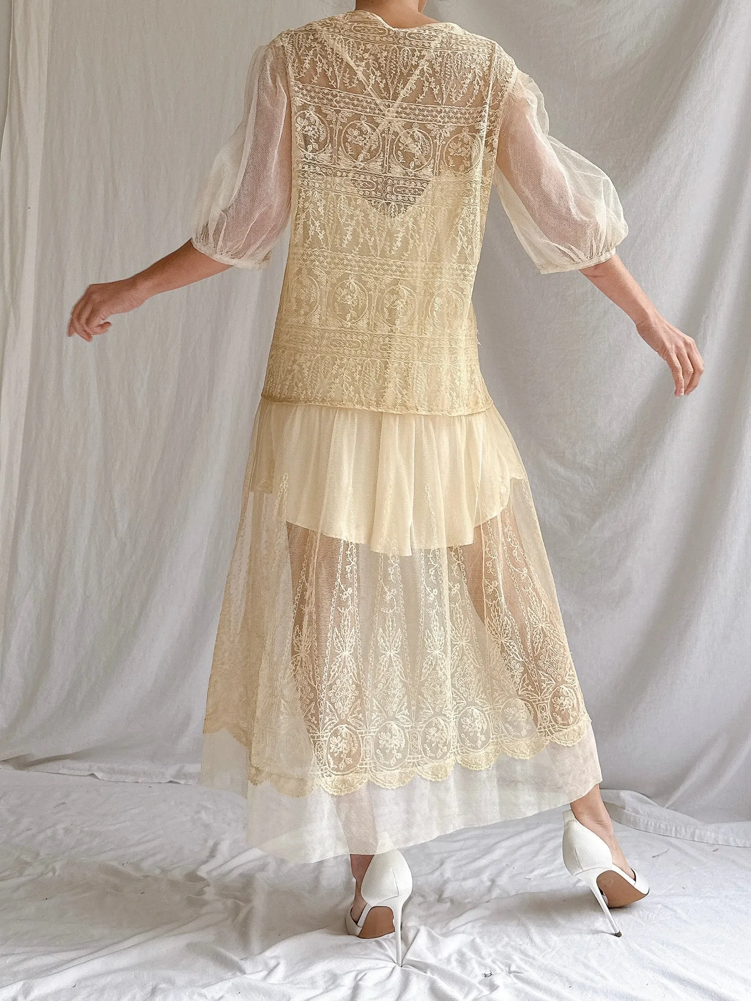 1920s Ecru Embroidered Dress - M