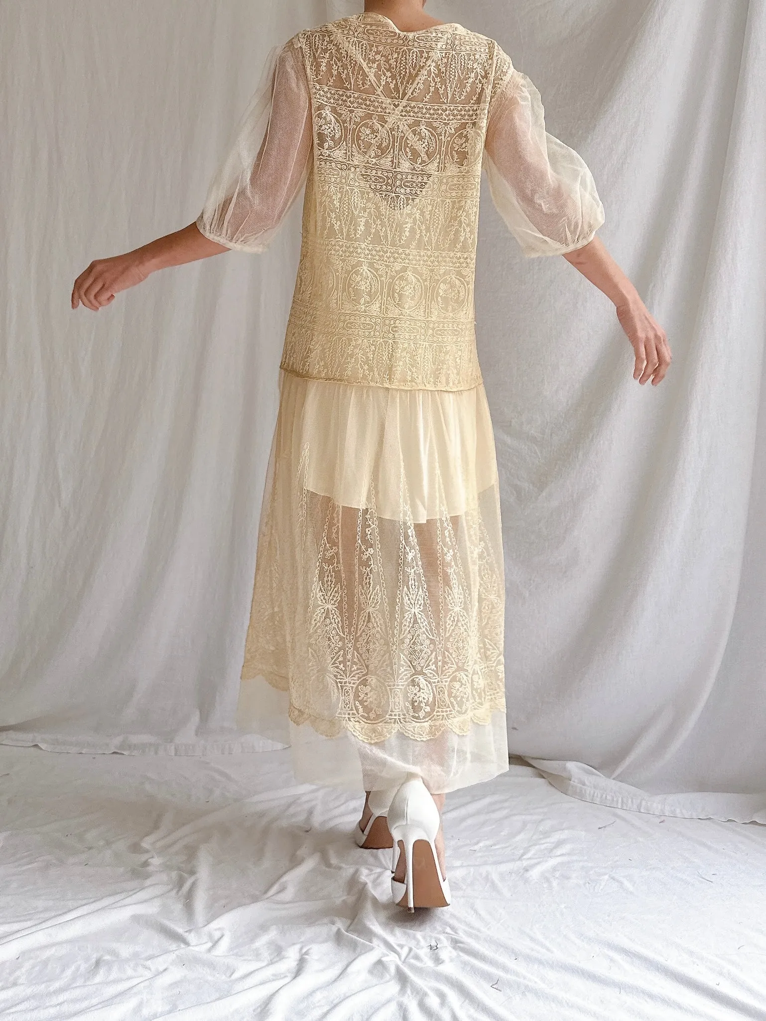 1920s Ecru Embroidered Dress - M