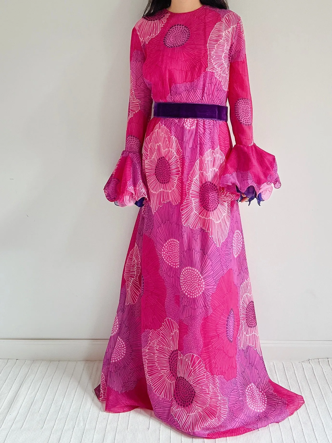 1960s Chiffon Floral Maxi Dress  - M