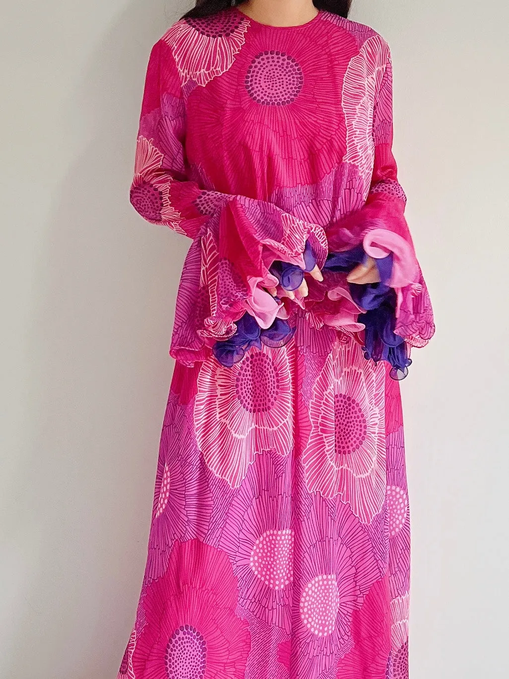 1960s Chiffon Floral Maxi Dress  - M