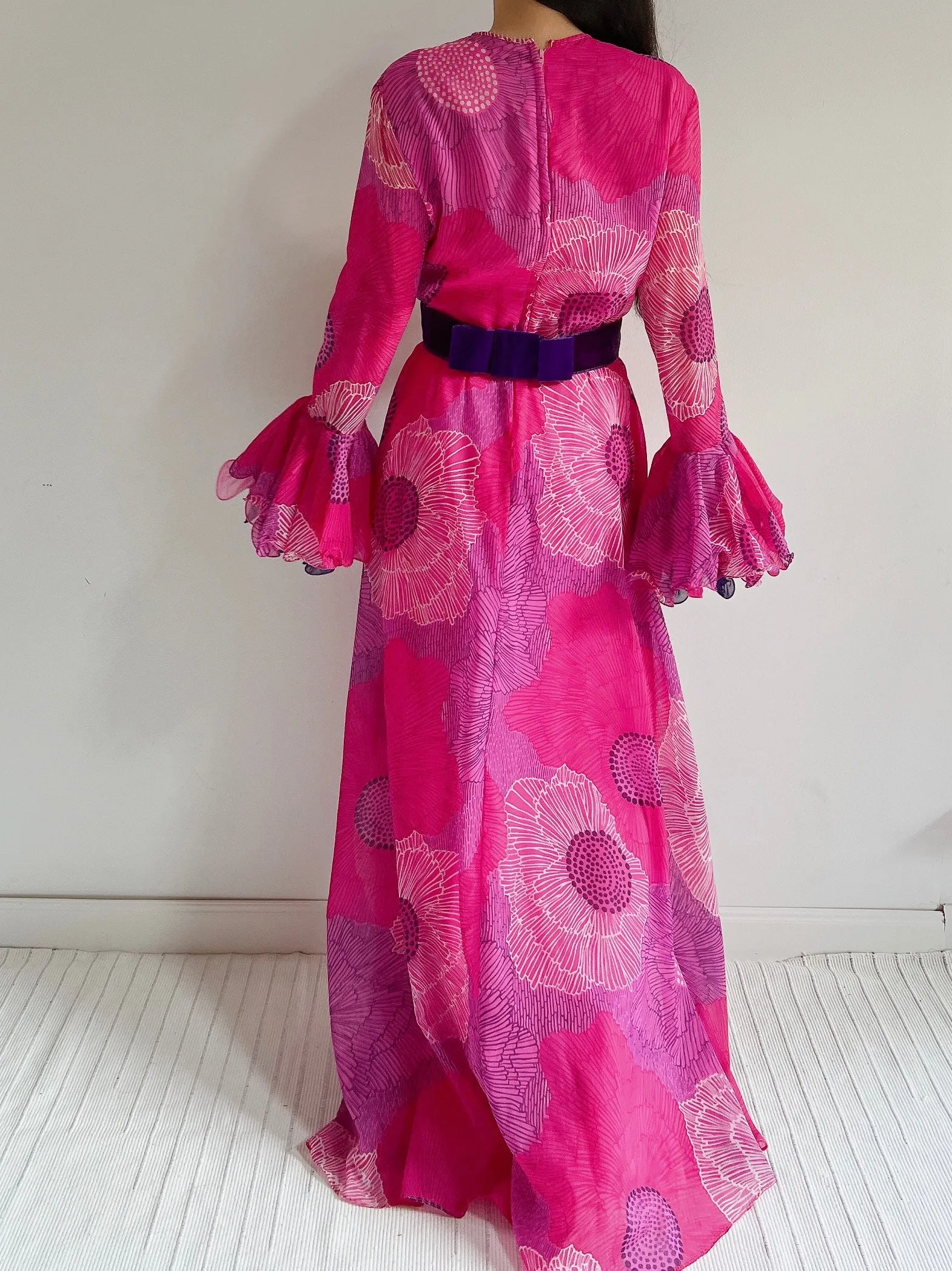 1960s Chiffon Floral Maxi Dress  - M
