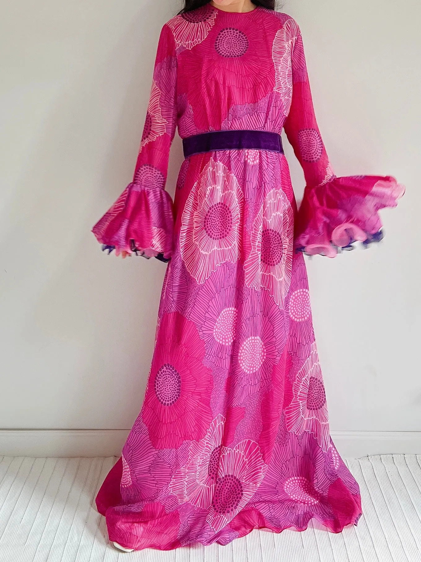 1960s Chiffon Floral Maxi Dress  - M