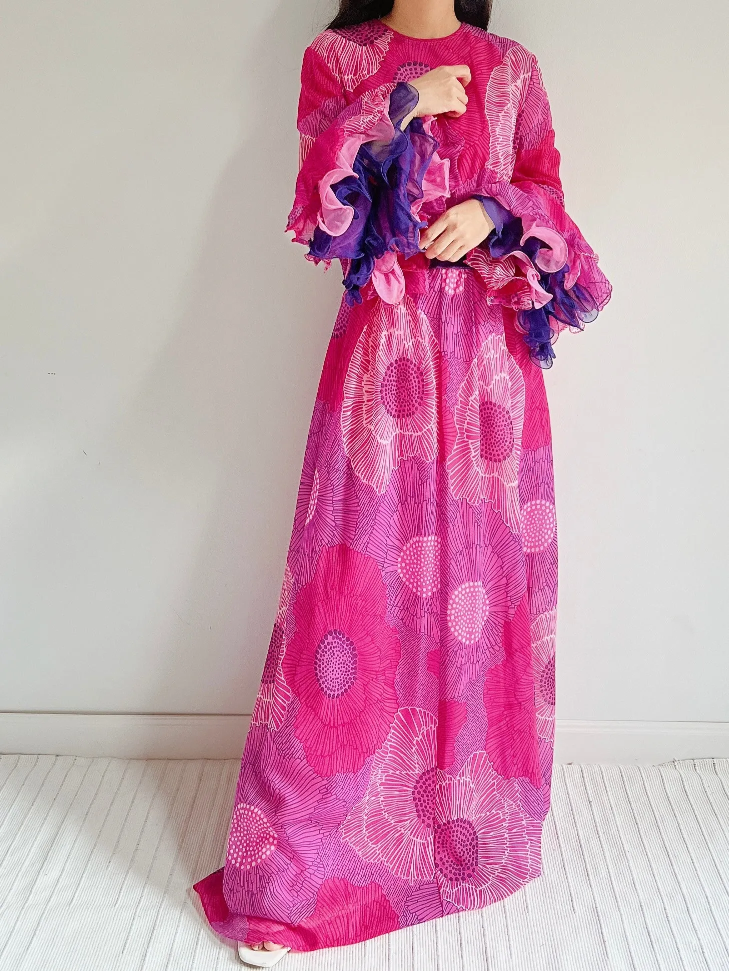 1960s Chiffon Floral Maxi Dress  - M