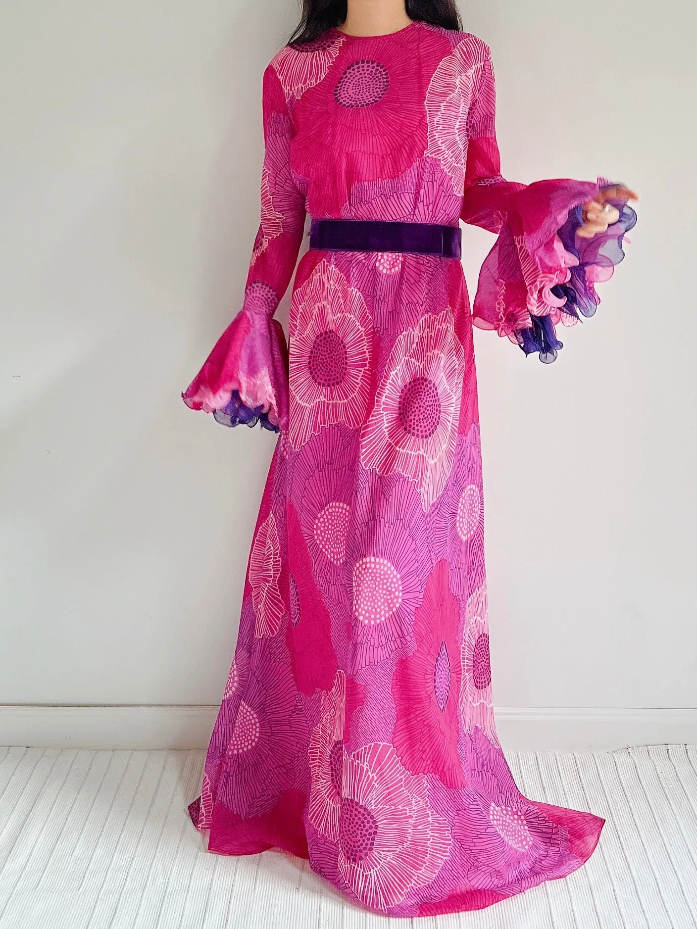 1960s Chiffon Floral Maxi Dress  - M