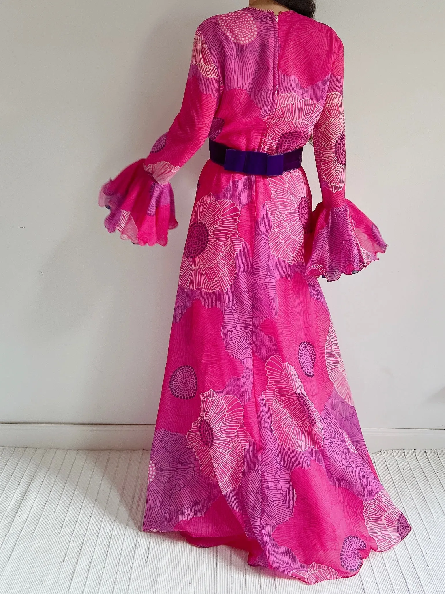 1960s Chiffon Floral Maxi Dress  - M