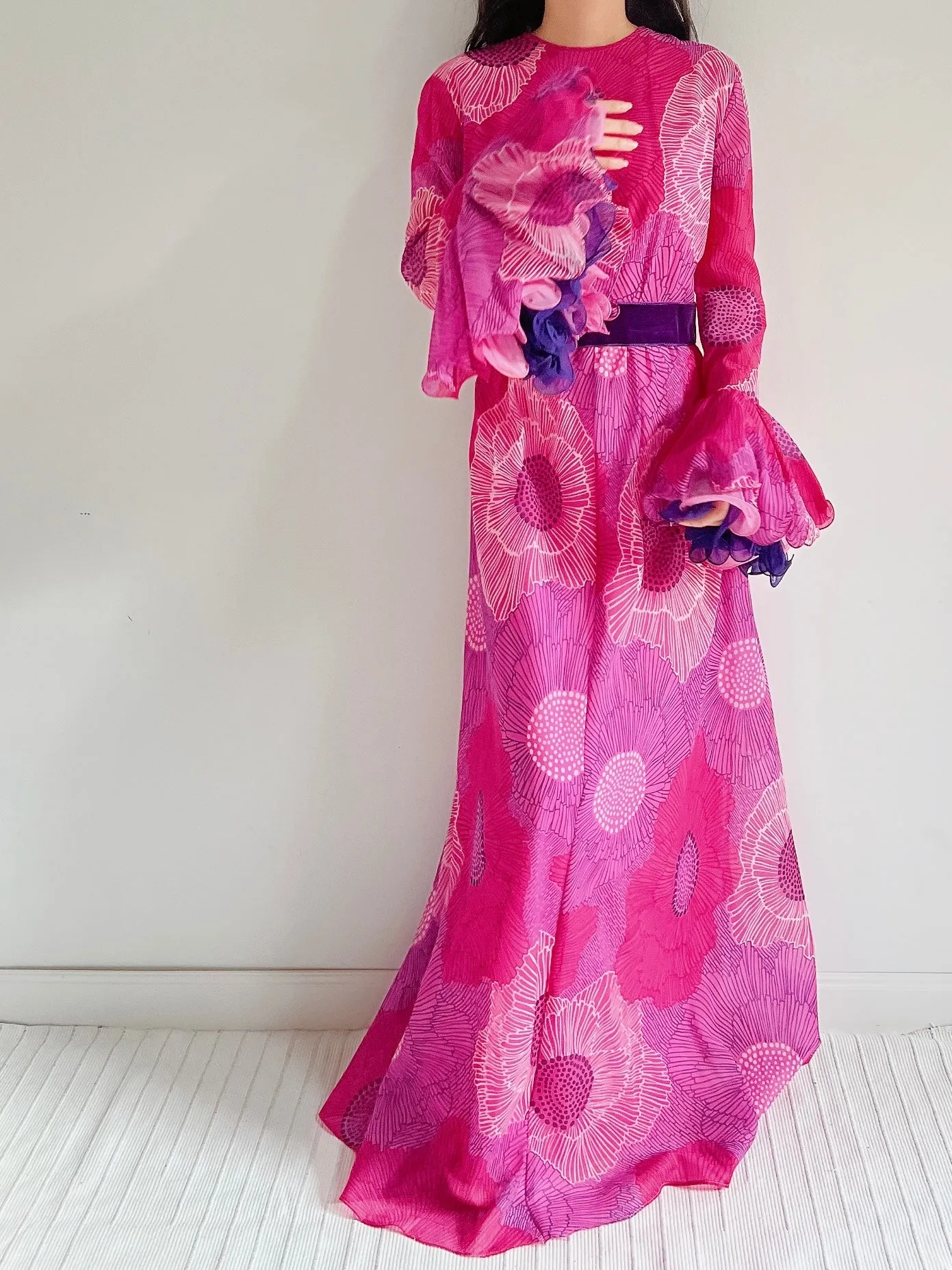 1960s Chiffon Floral Maxi Dress  - M