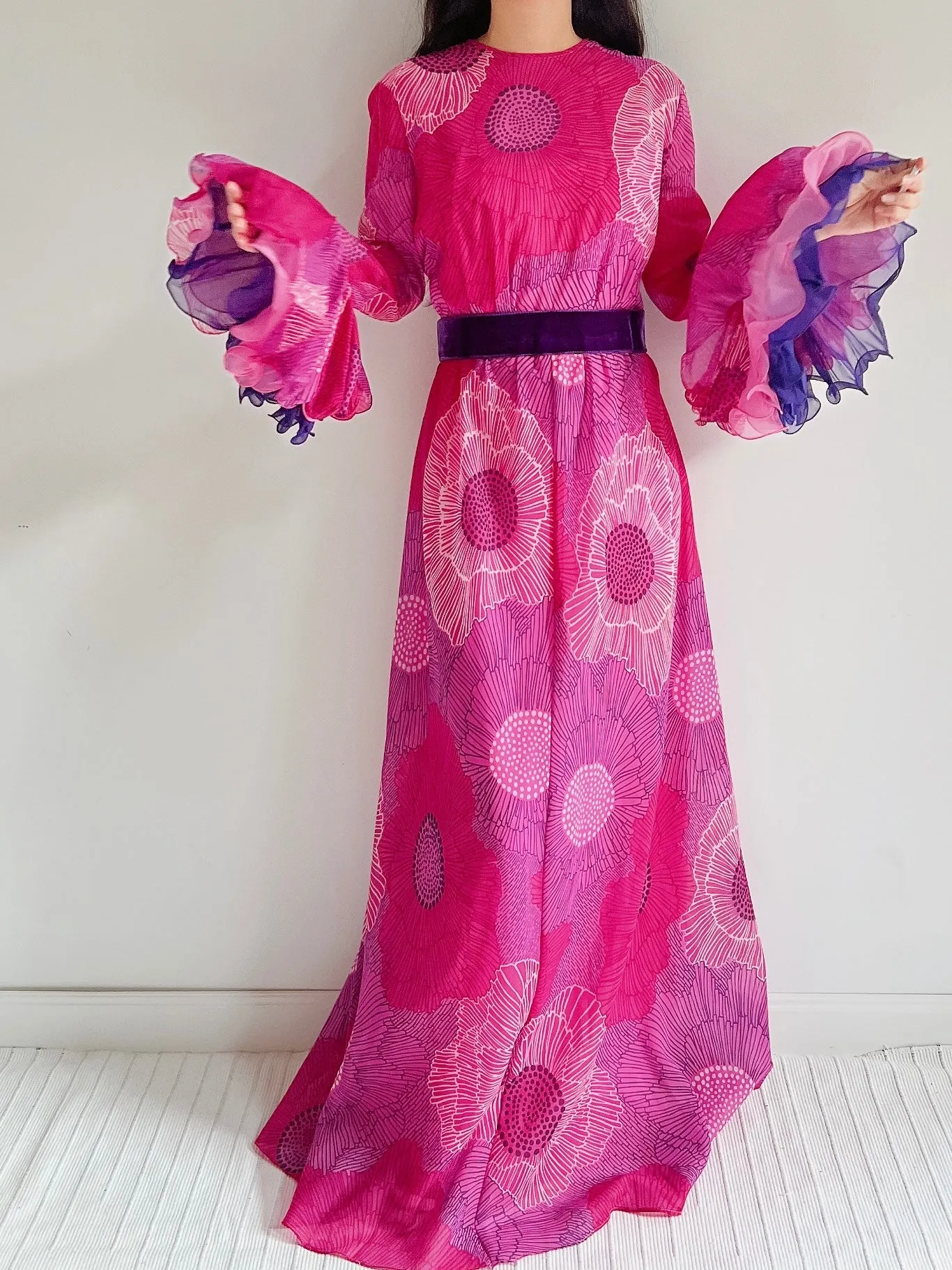 1960s Chiffon Floral Maxi Dress  - M