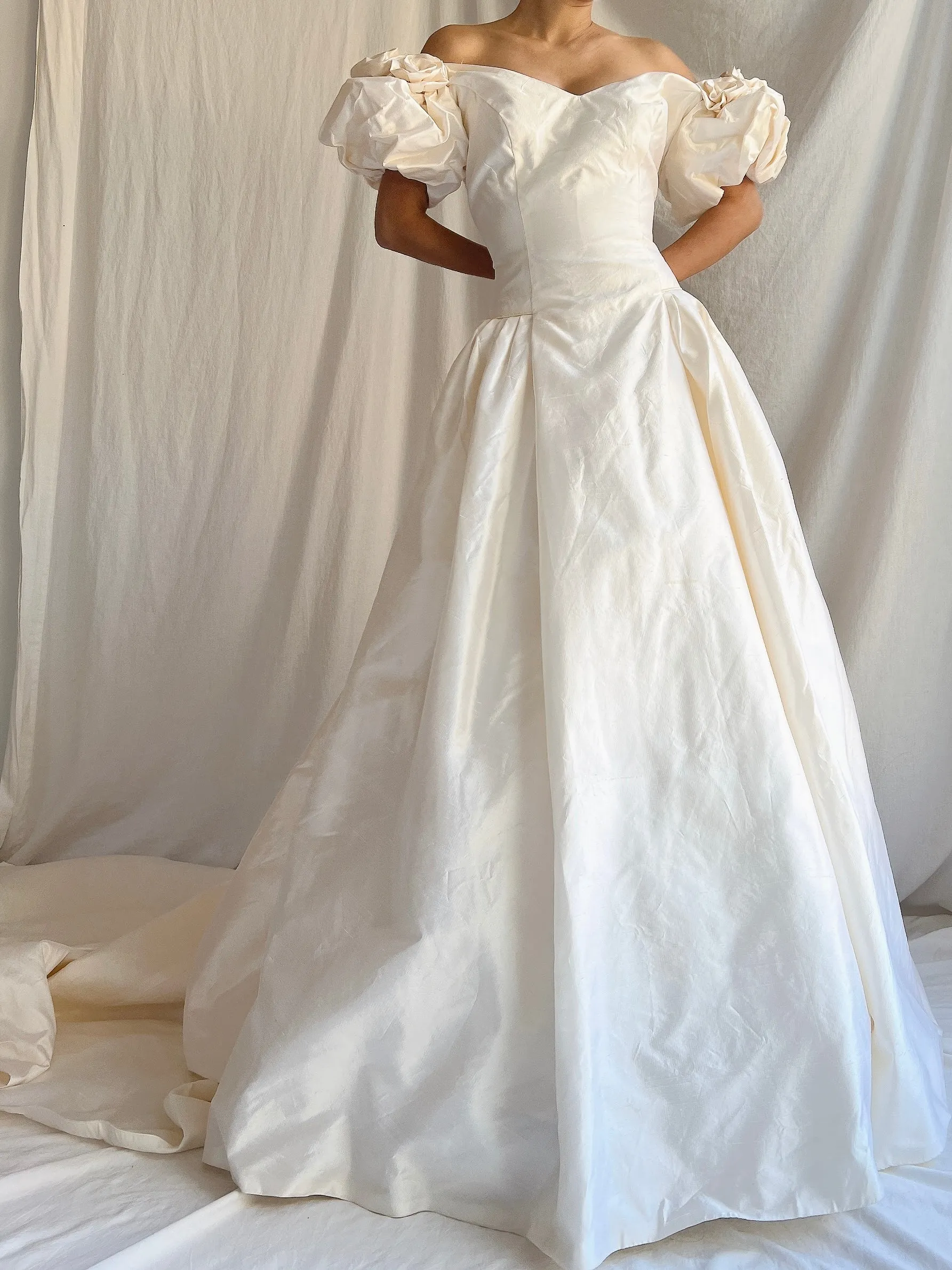 1980s Raw Silk Gown Off-the-Shoulder Gown - M/8