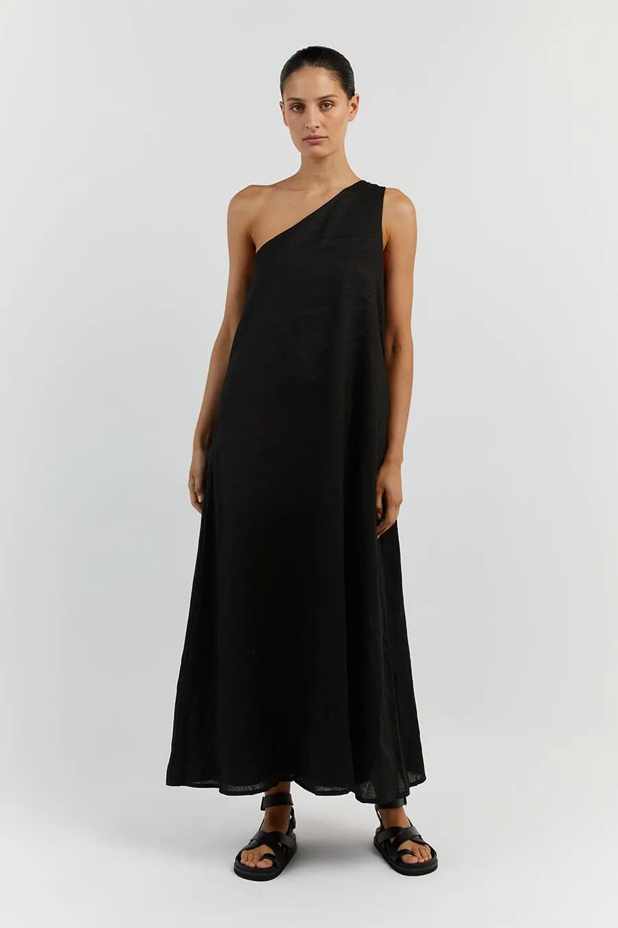 AMBER BLACK ONE SHOULDER MIDI DRESS