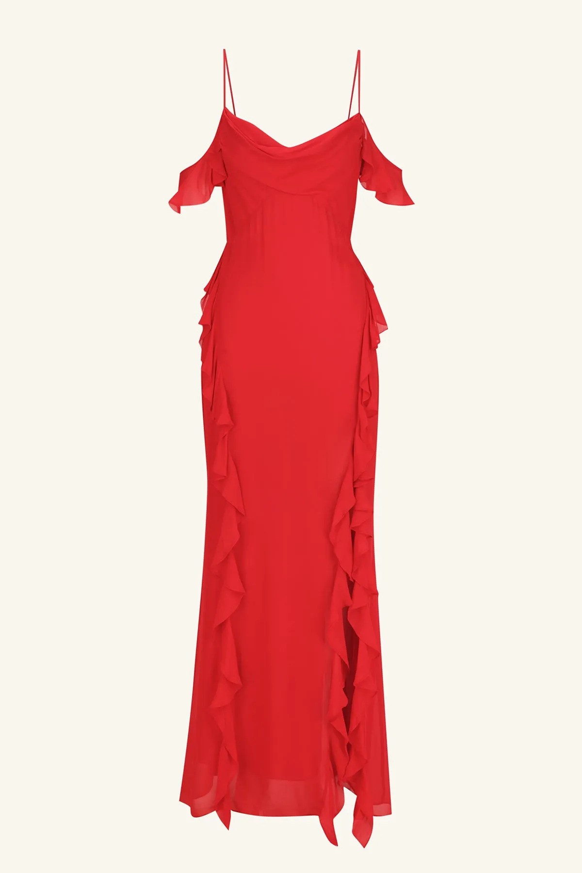 AMINA RUFFLE COWL MAXI DRESS - CHILLI