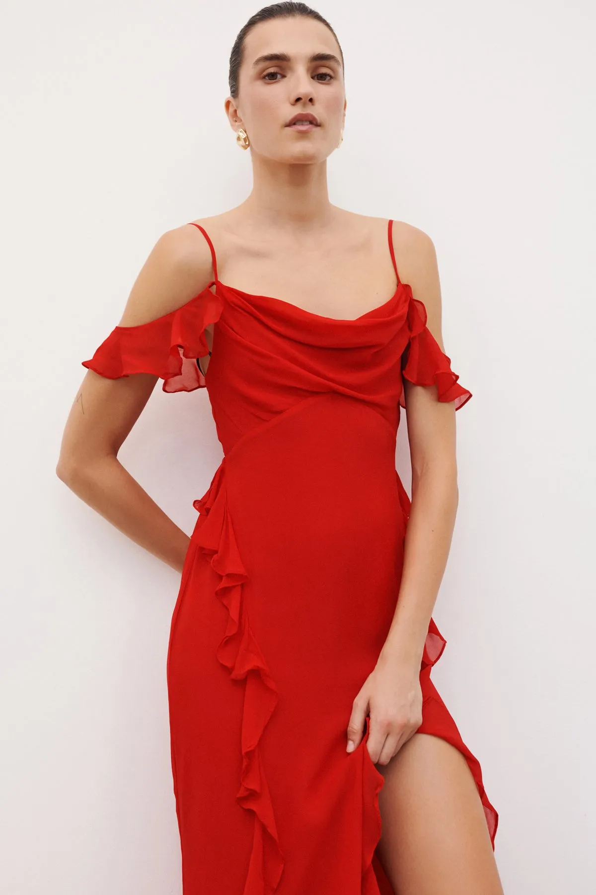 AMINA RUFFLE COWL MAXI DRESS - CHILLI
