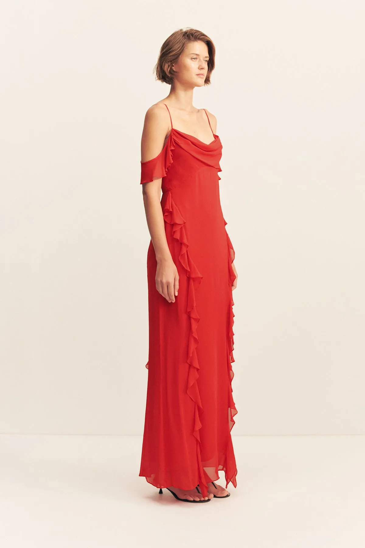 AMINA RUFFLE COWL MAXI DRESS - CHILLI