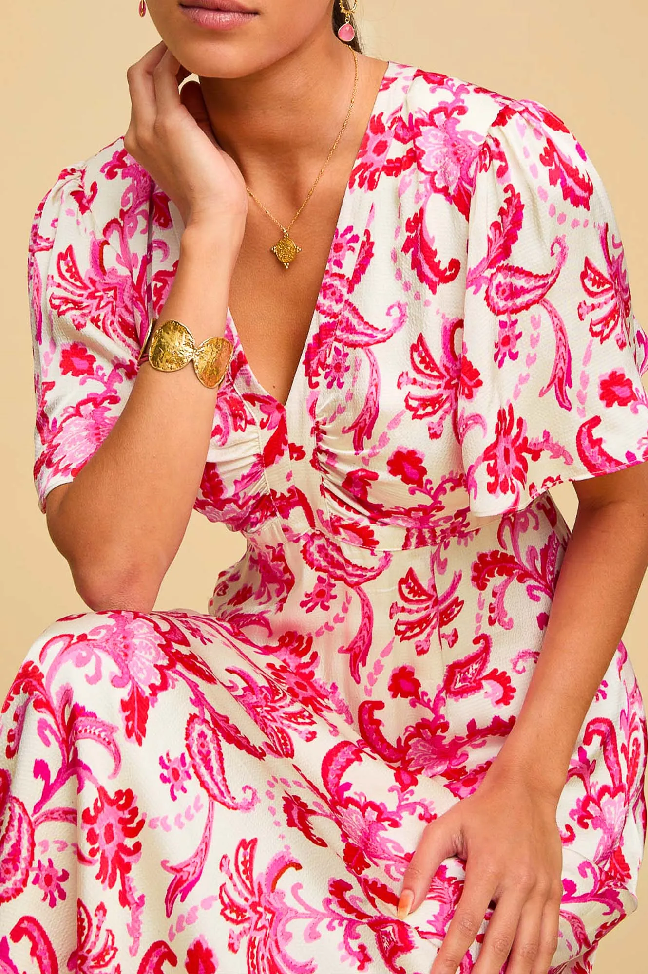 Anais Hammered Satin Dress | Paisley Floral Cream/Red/Pink