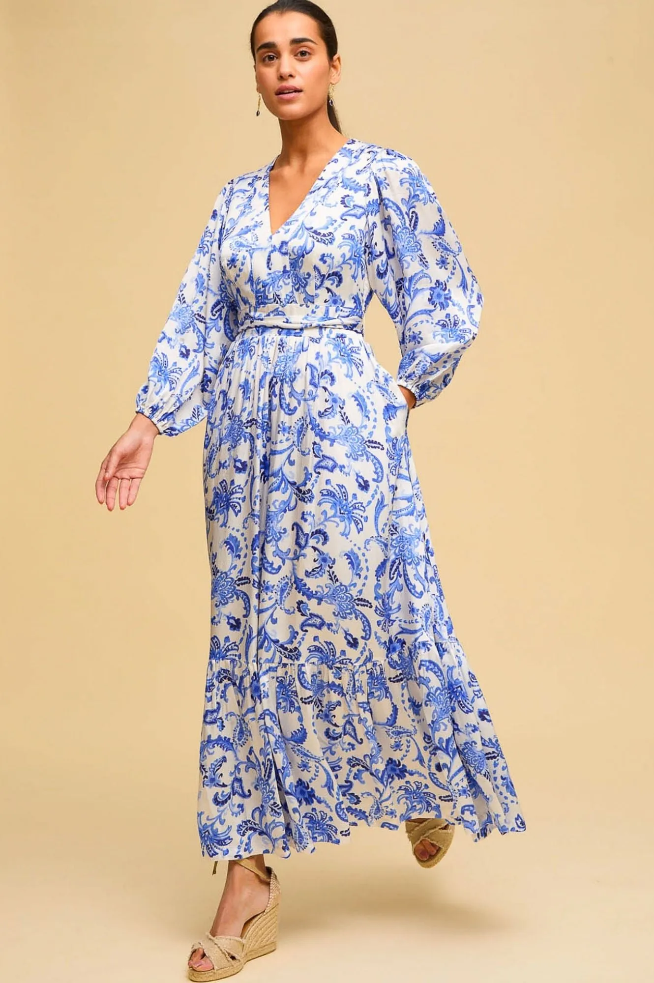Annie Hammered Satin Maxi Dress | Cream/Blue