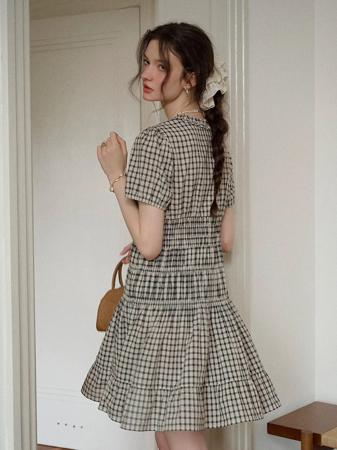 Avery Ruffle Round Neck Plaid Cotton Dress