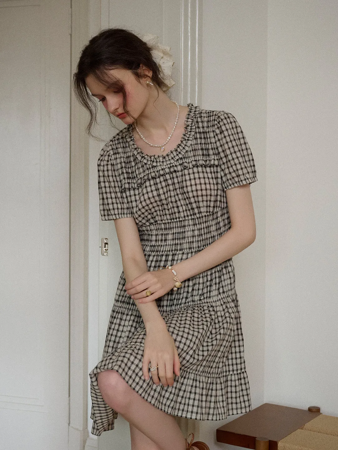 Avery Ruffle Round Neck Plaid Cotton Dress