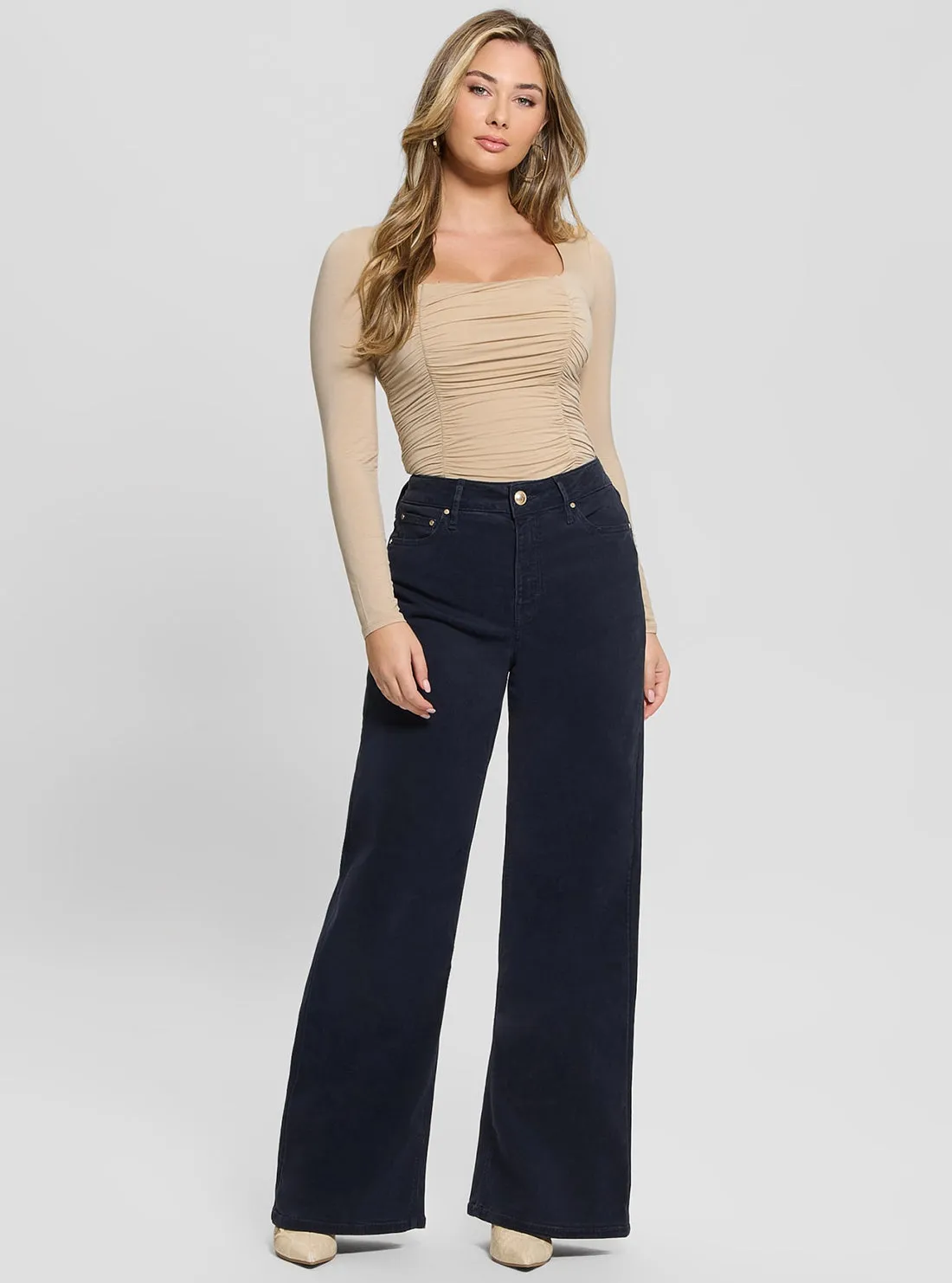 Beige Adrianna Shirred Top