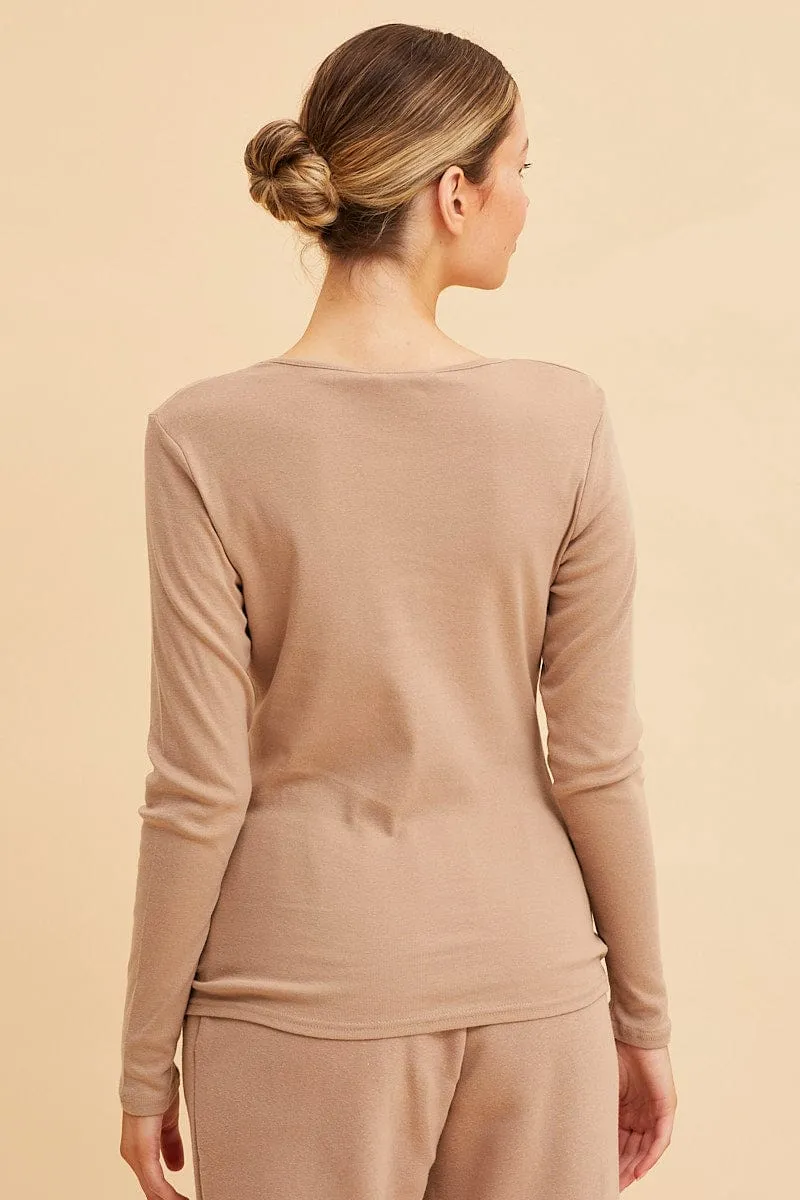 Beige Rib T-Shirt Crew Neck Long Sleeve