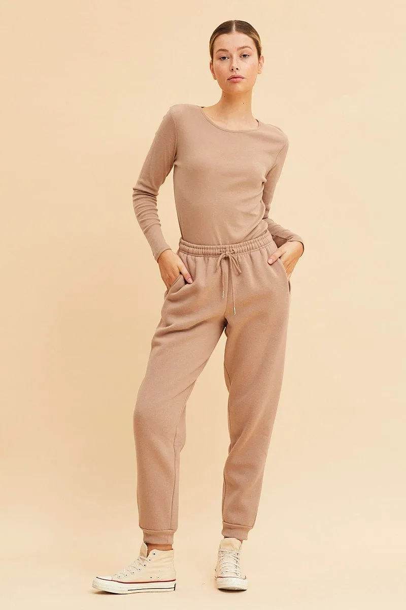 Beige Rib T-Shirt Crew Neck Long Sleeve