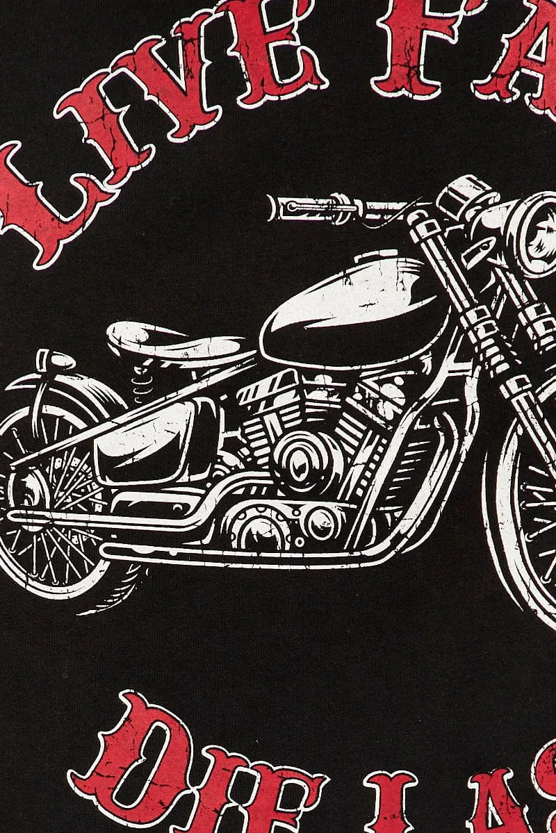 Black Crop T Shirt Short Sleeve Crew Neck Motorcycle