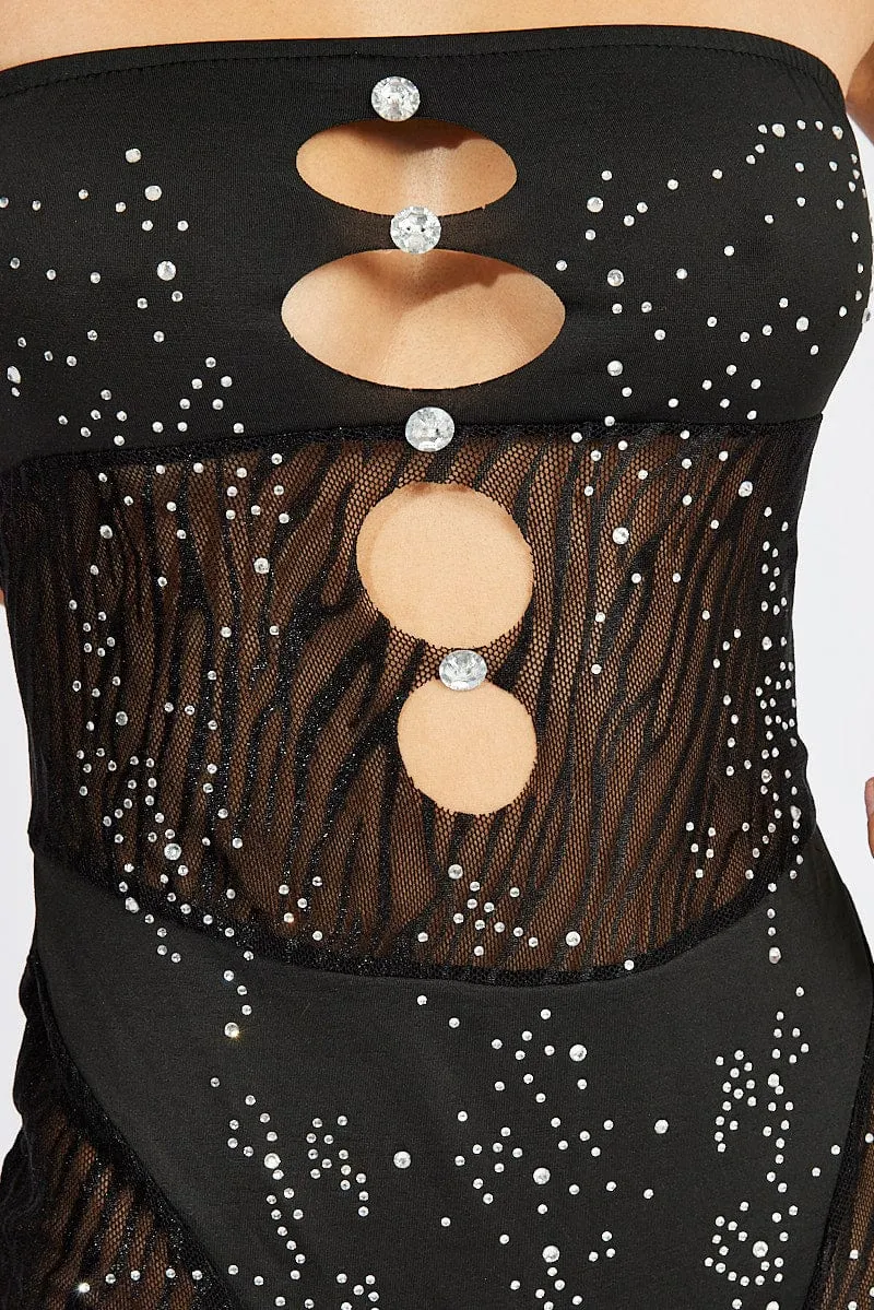 Black Diamante Cut Out Sheer Playsuit