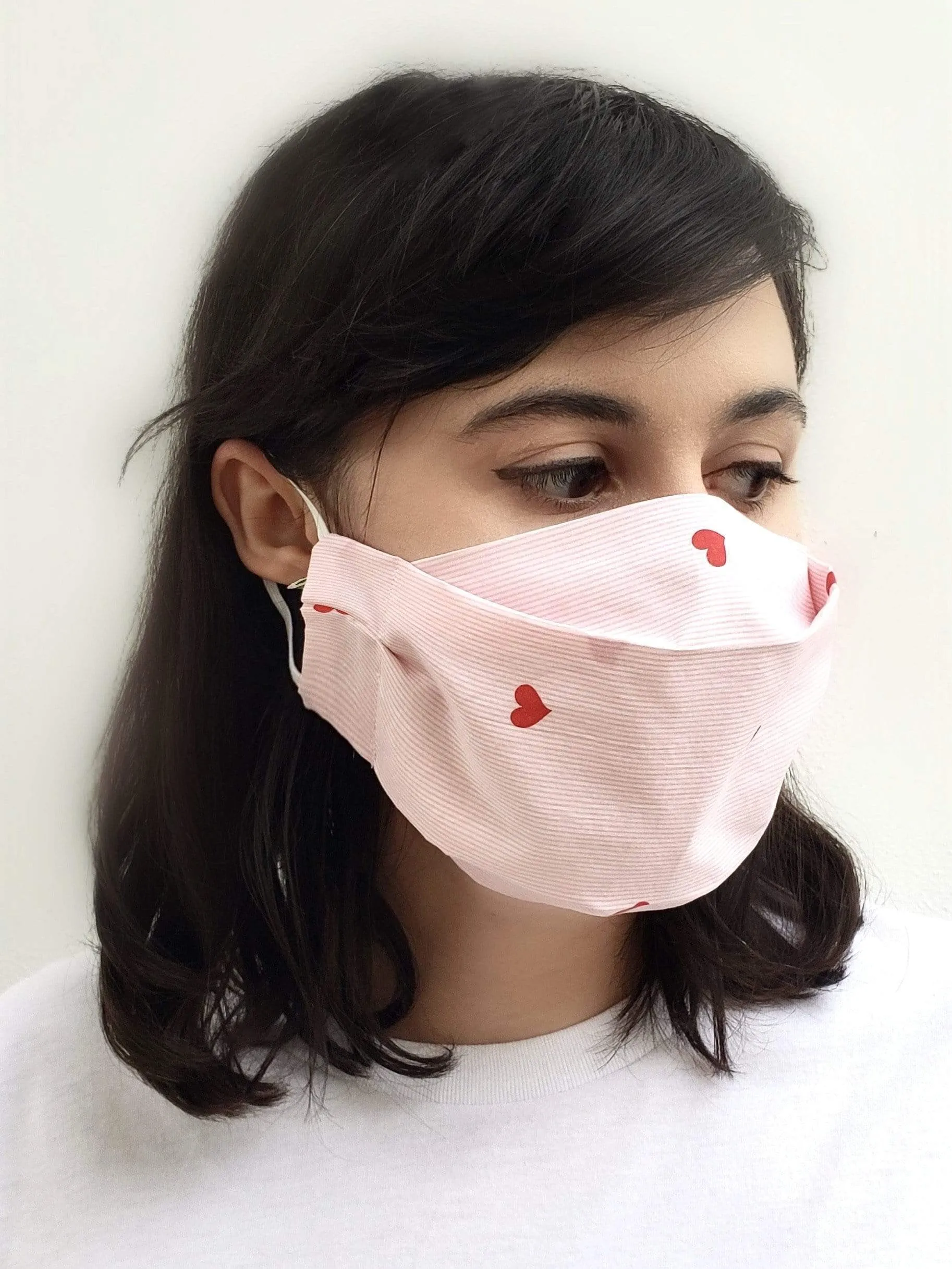 Black Heart Mini Stripes (Box Pleated Mask with Filter Pocket)