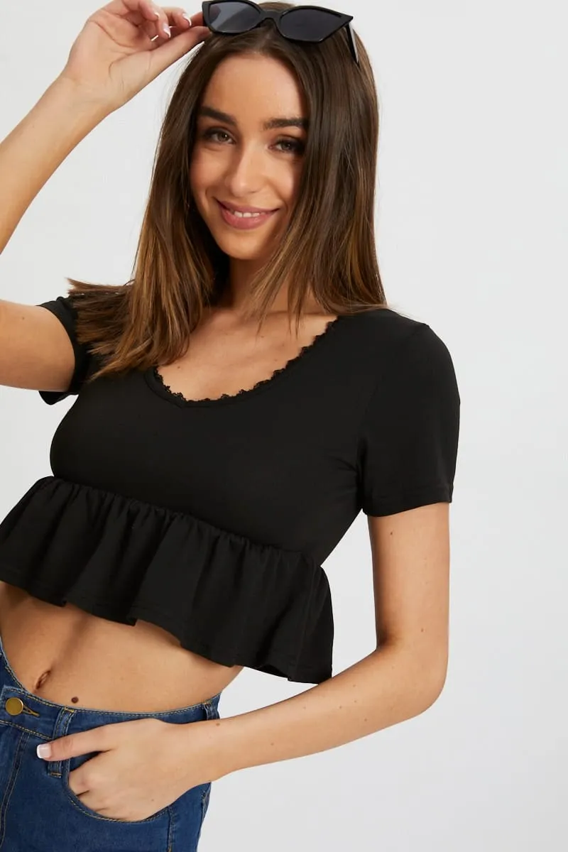 Black Short Sleeve Peplum T Shirt