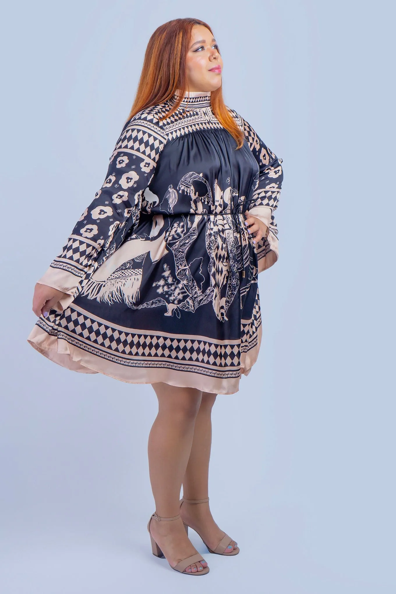 Black Tan Print Mock Neck Dress