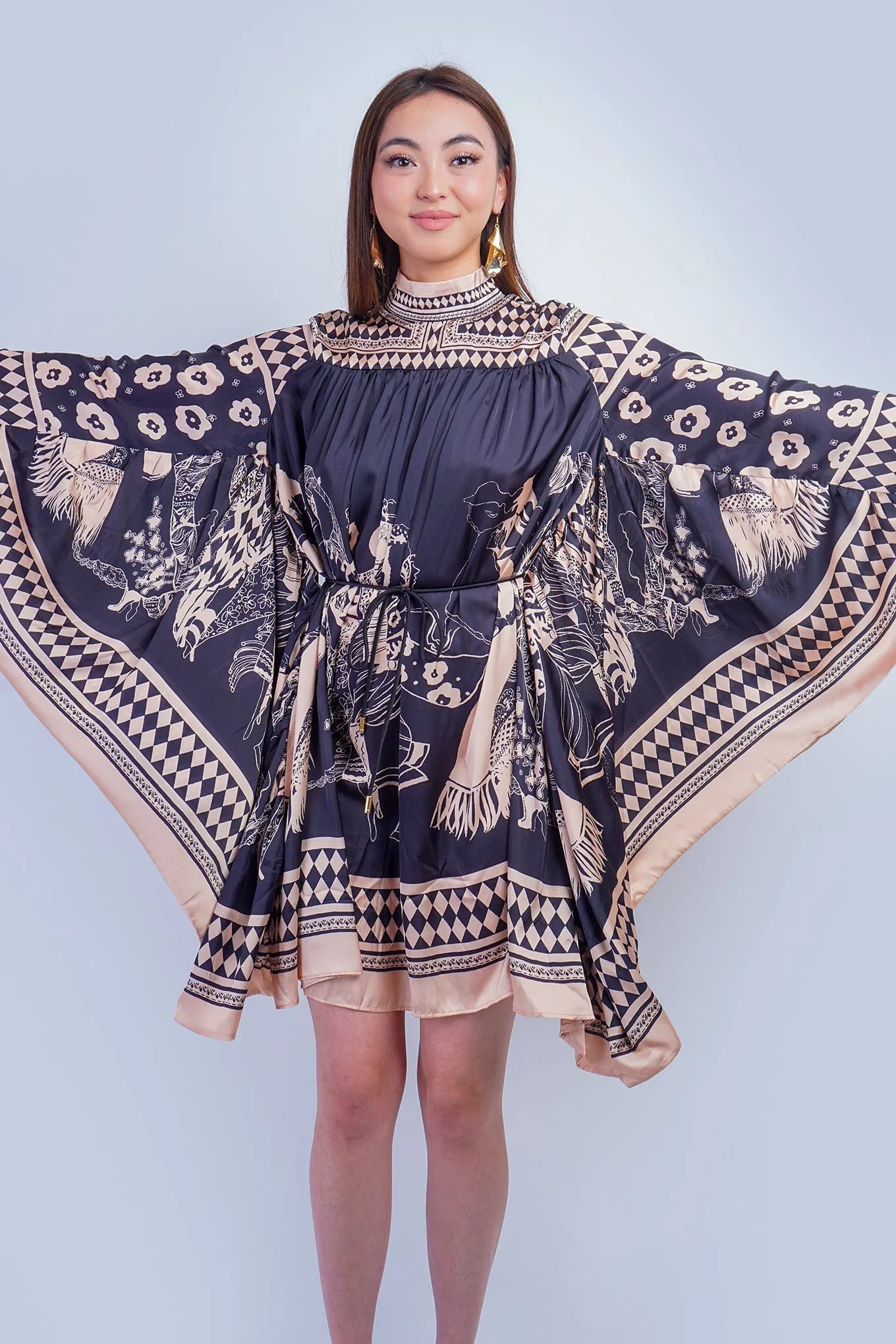 Black Tan Print Mock Neck Dress