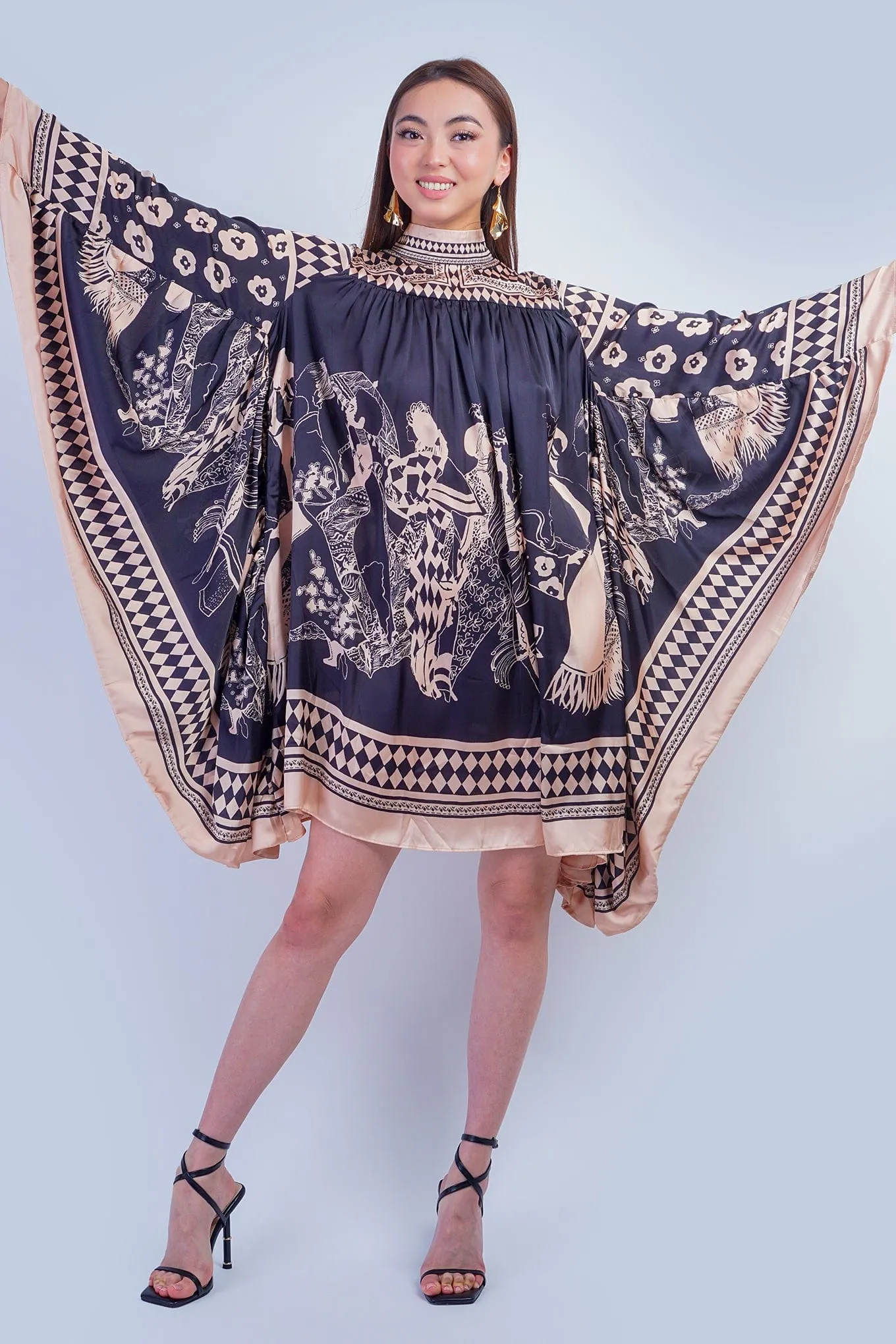 Black Tan Print Mock Neck Dress