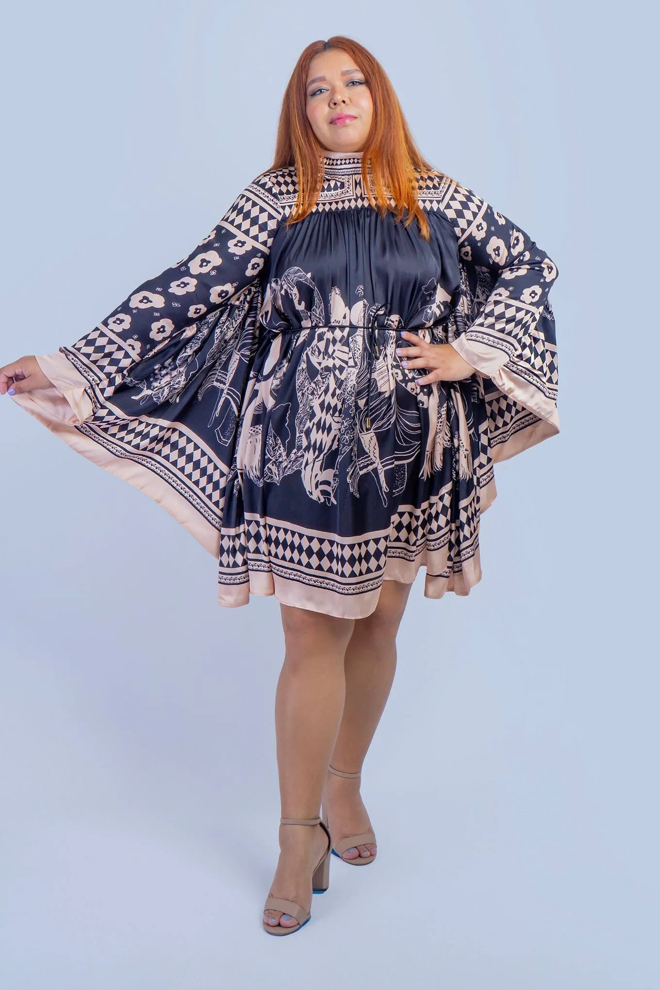 Black Tan Print Mock Neck Dress