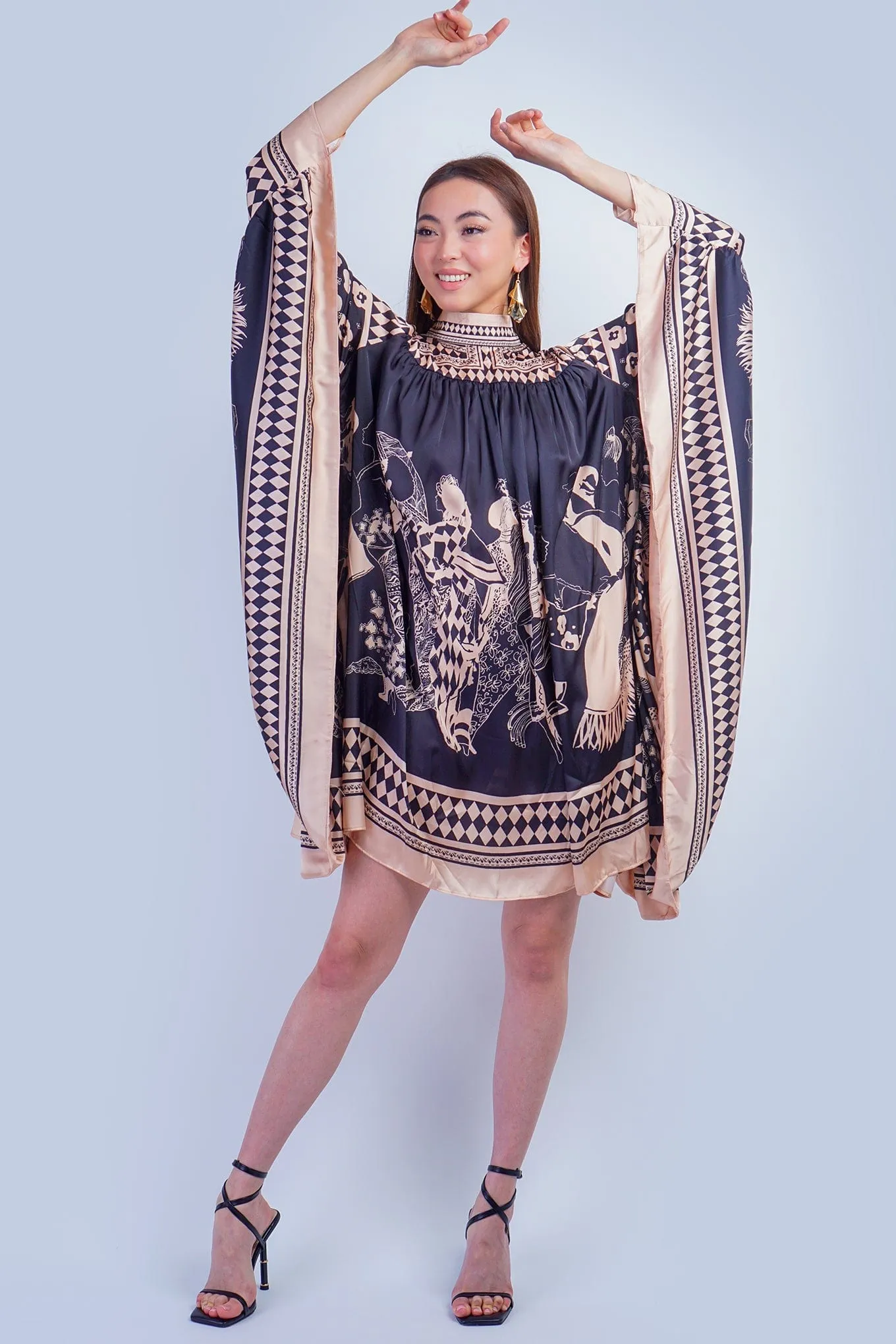Black Tan Print Mock Neck Dress