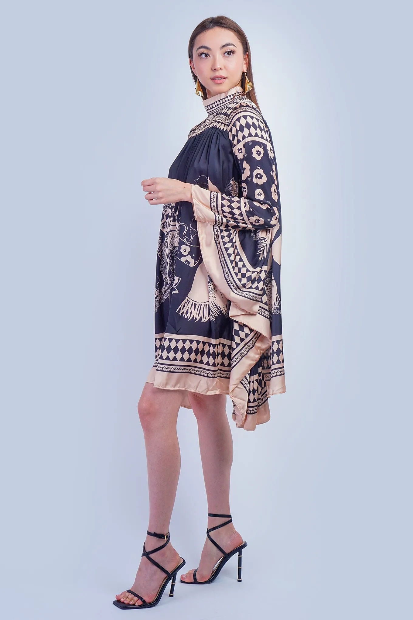 Black Tan Print Mock Neck Dress