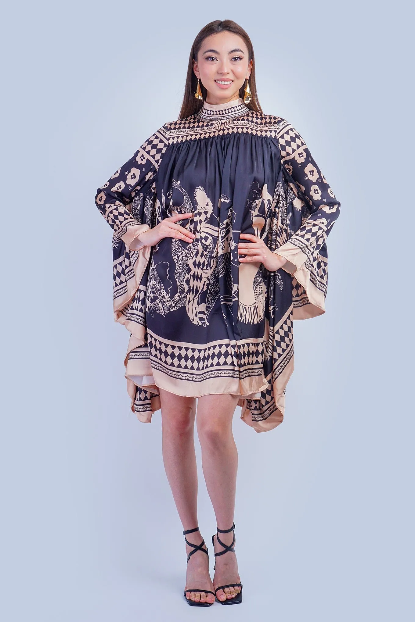 Black Tan Print Mock Neck Dress