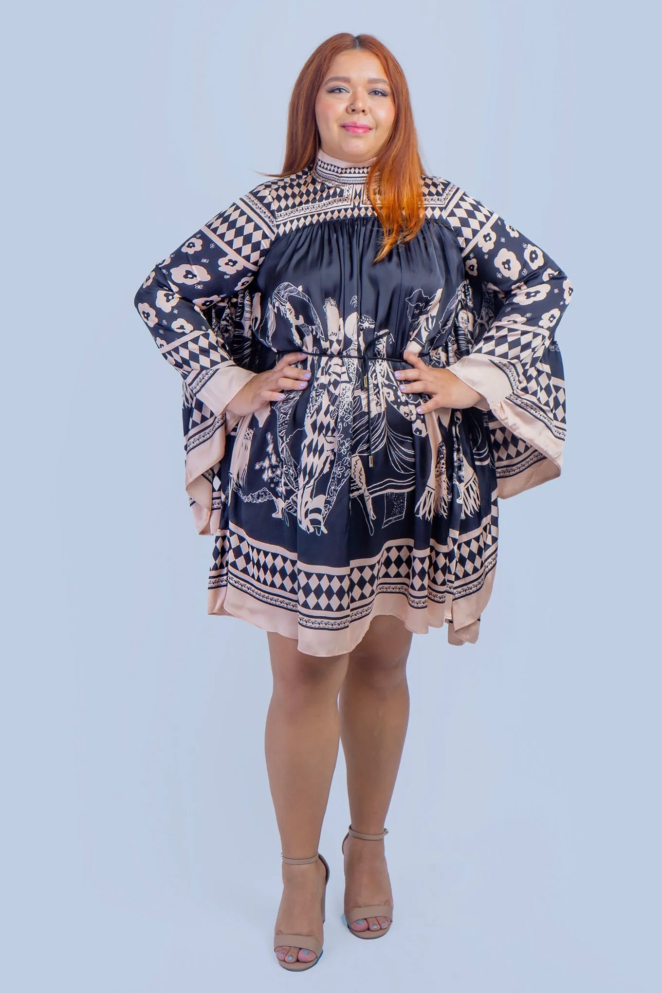 Black Tan Print Mock Neck Dress