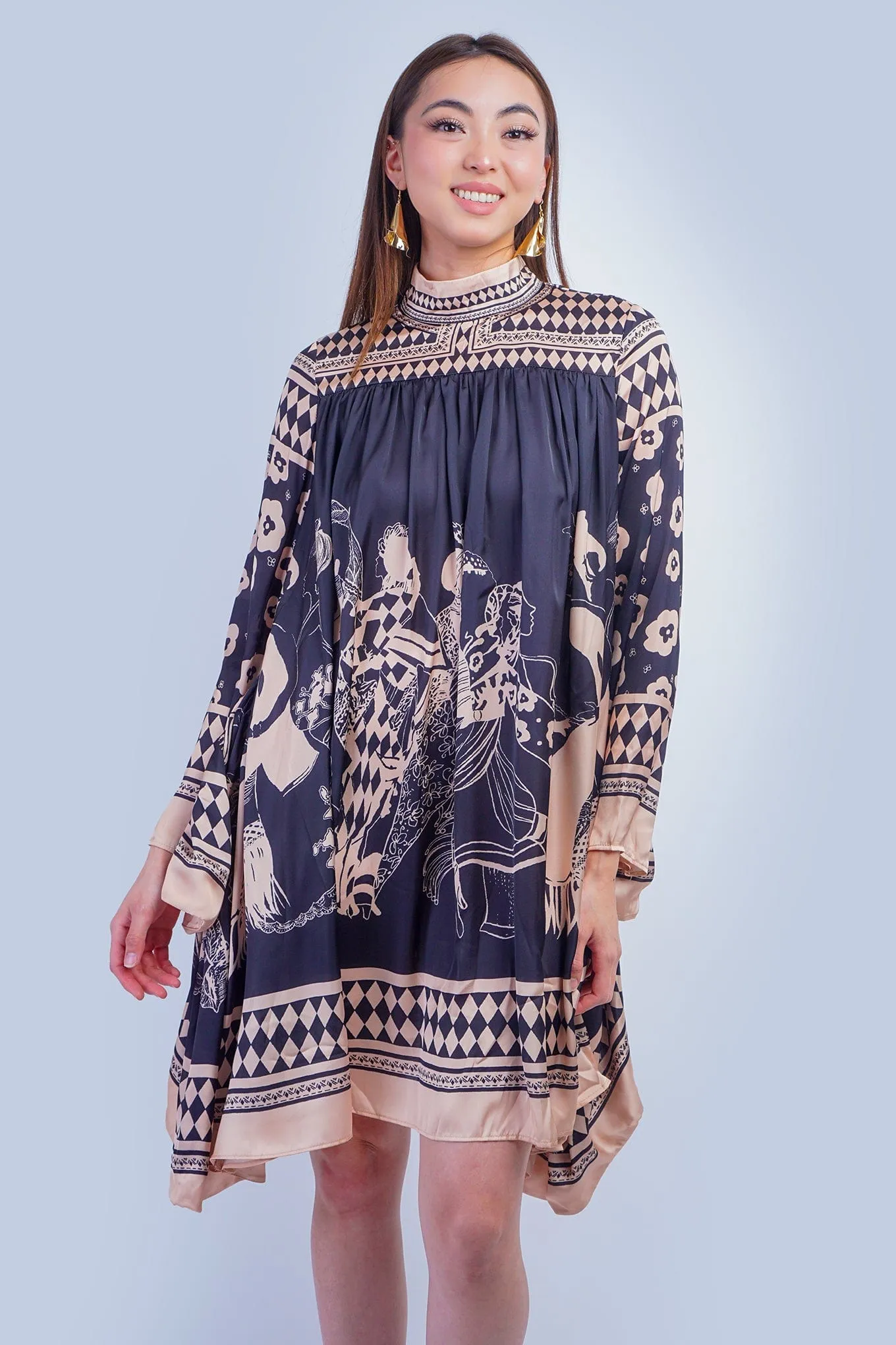 Black Tan Print Mock Neck Dress