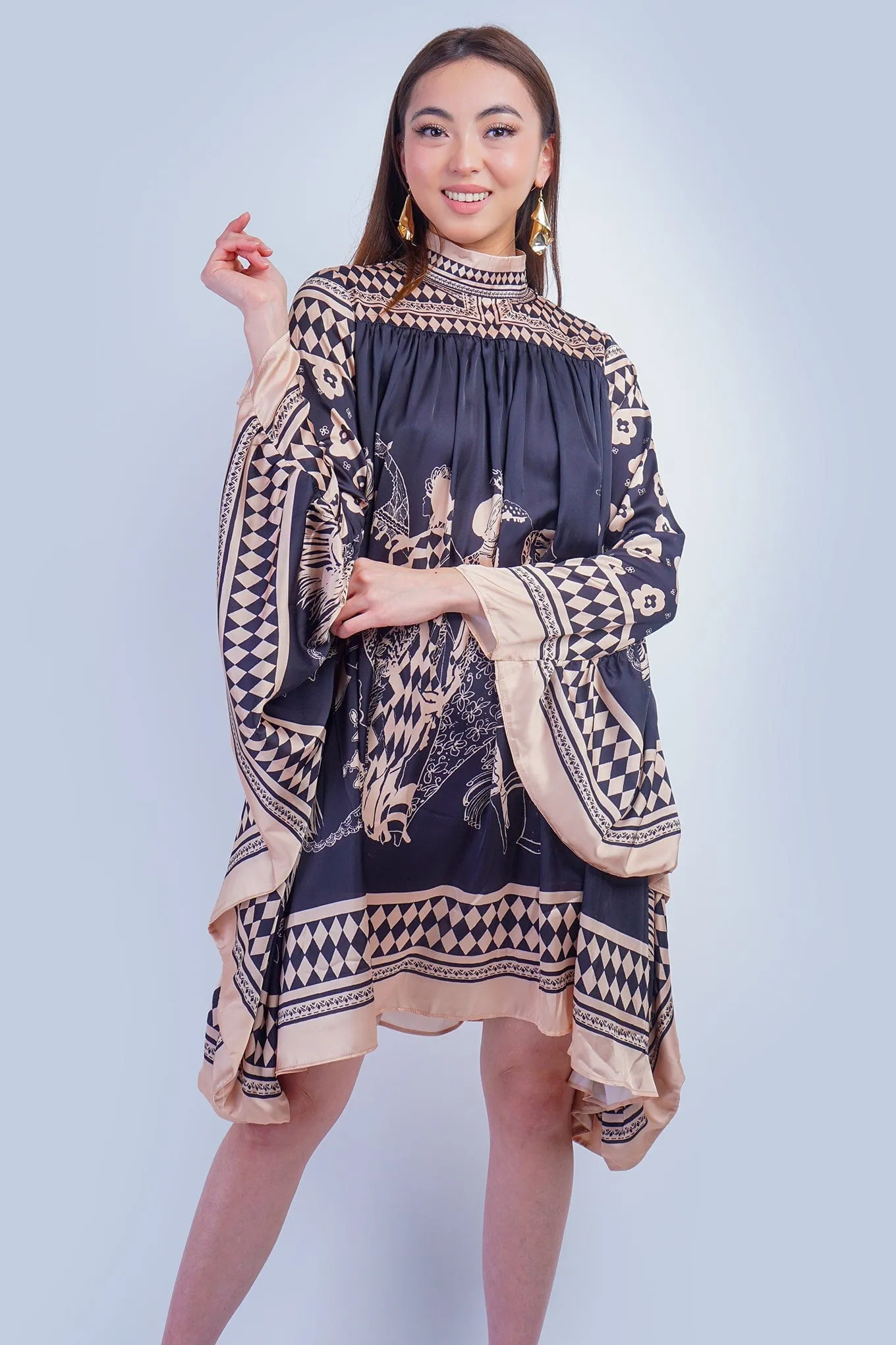 Black Tan Print Mock Neck Dress