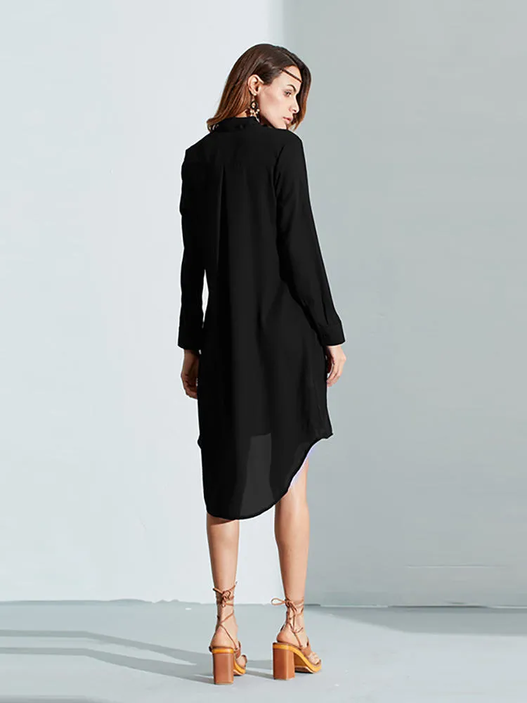 Casual Loose Bowknot Long Sleeve Pure Color Shirt Women Midi Dress