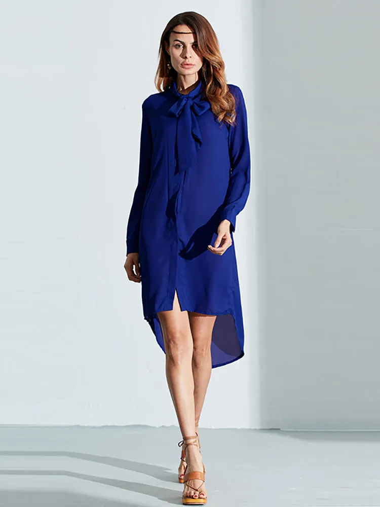 Casual Loose Bowknot Long Sleeve Pure Color Shirt Women Midi Dress