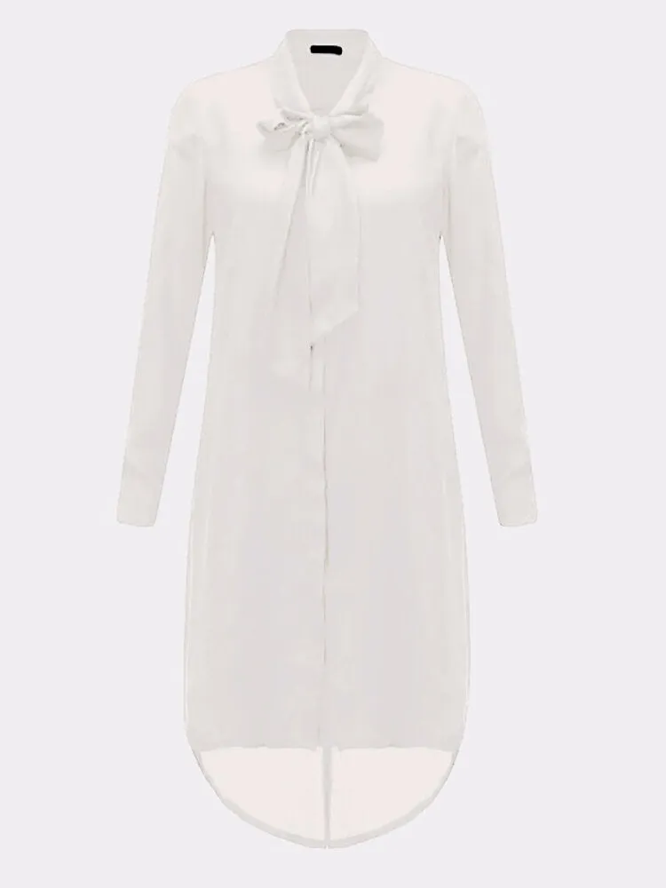 Casual Loose Bowknot Long Sleeve Pure Color Shirt Women Midi Dress