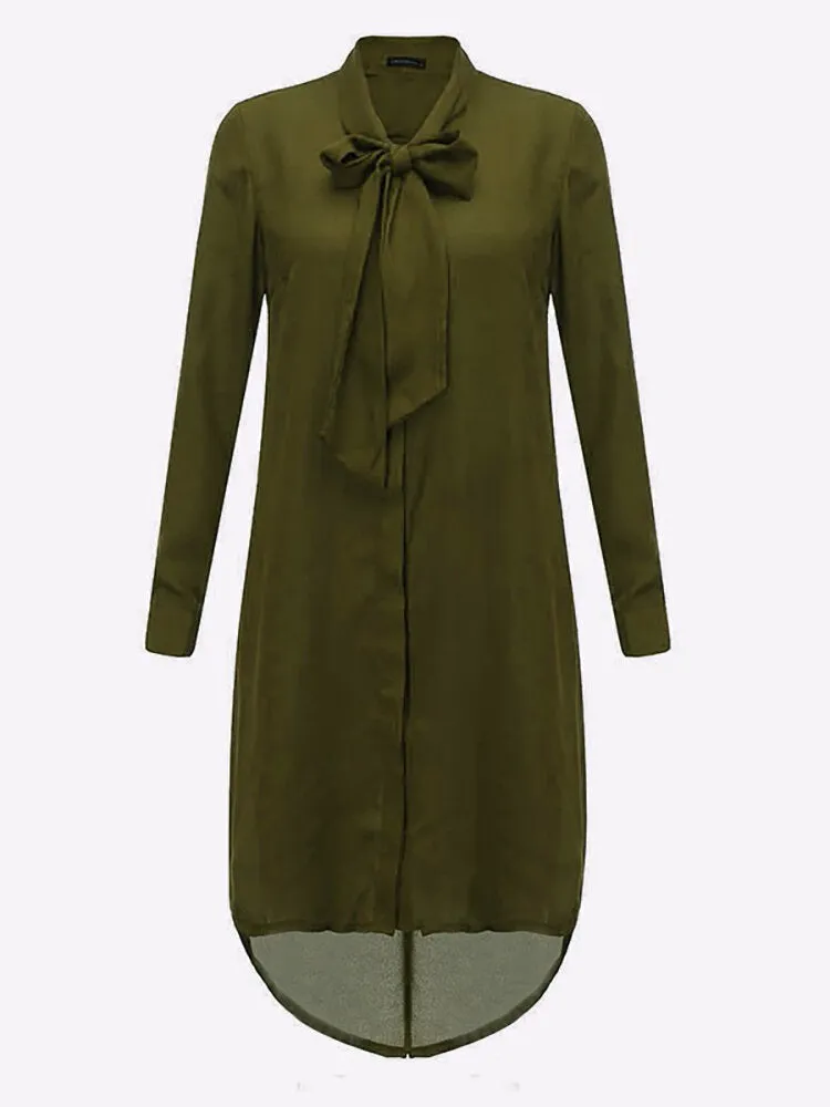 Casual Loose Bowknot Long Sleeve Pure Color Shirt Women Midi Dress