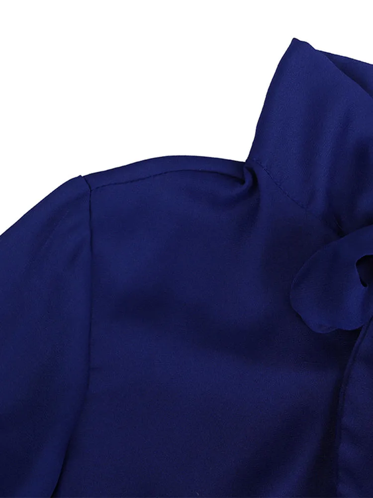 Casual Loose Bowknot Long Sleeve Pure Color Shirt Women Midi Dress