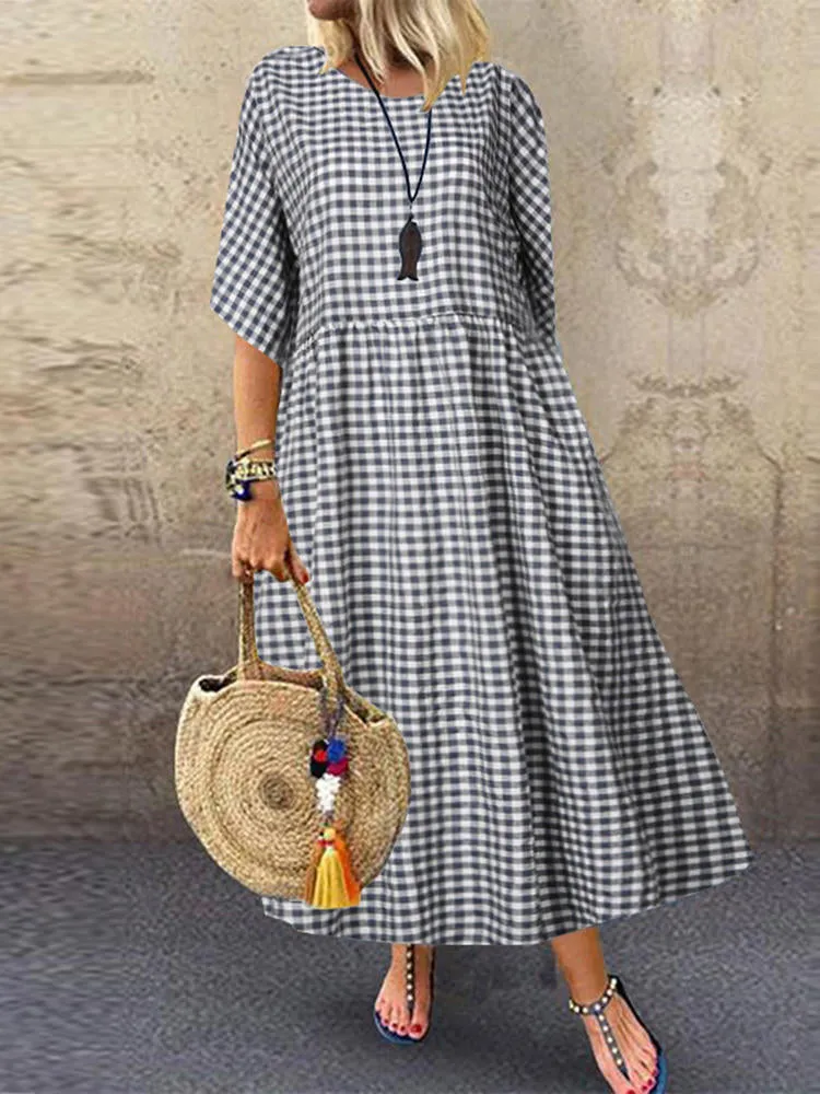 Casual Loose Plaid Print O-neck Half Sleeve Women Maxi Dress