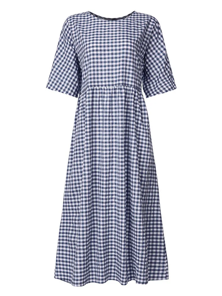 Casual Loose Plaid Print O-neck Half Sleeve Women Maxi Dress