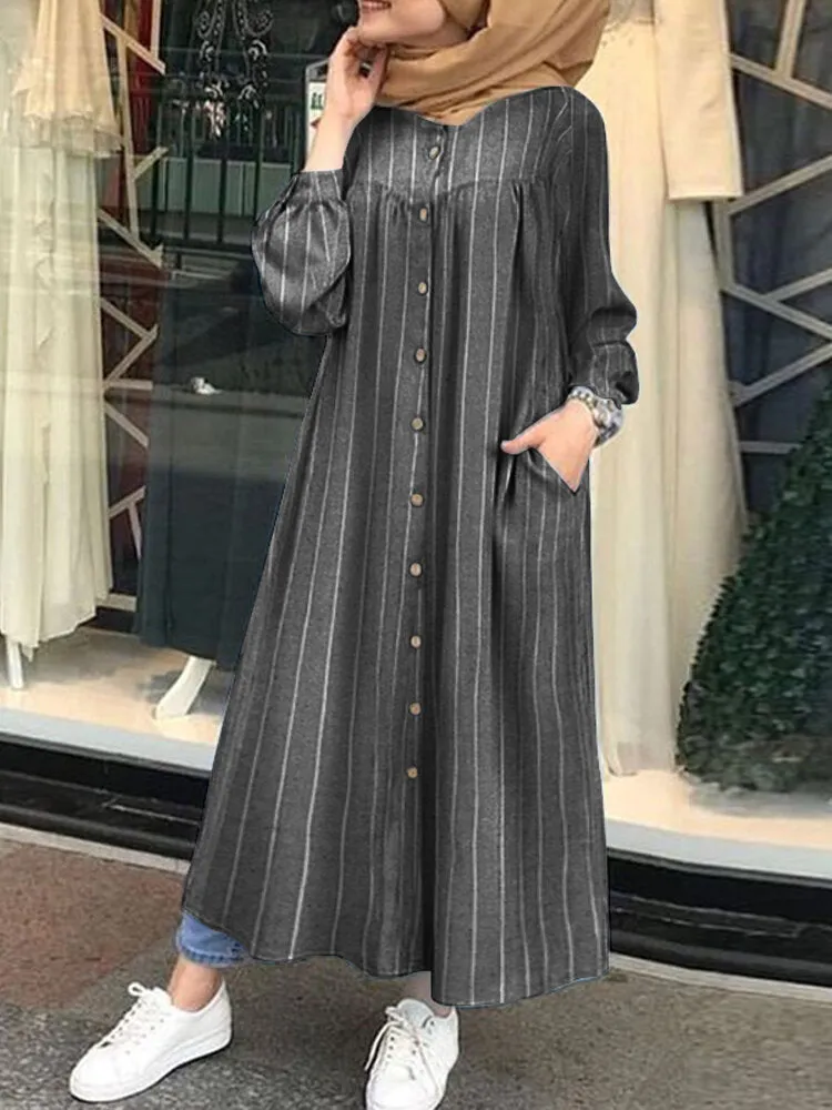 Casual Stripe Print Button Long Sleeve Pocket Shirt Women Maxi Dress