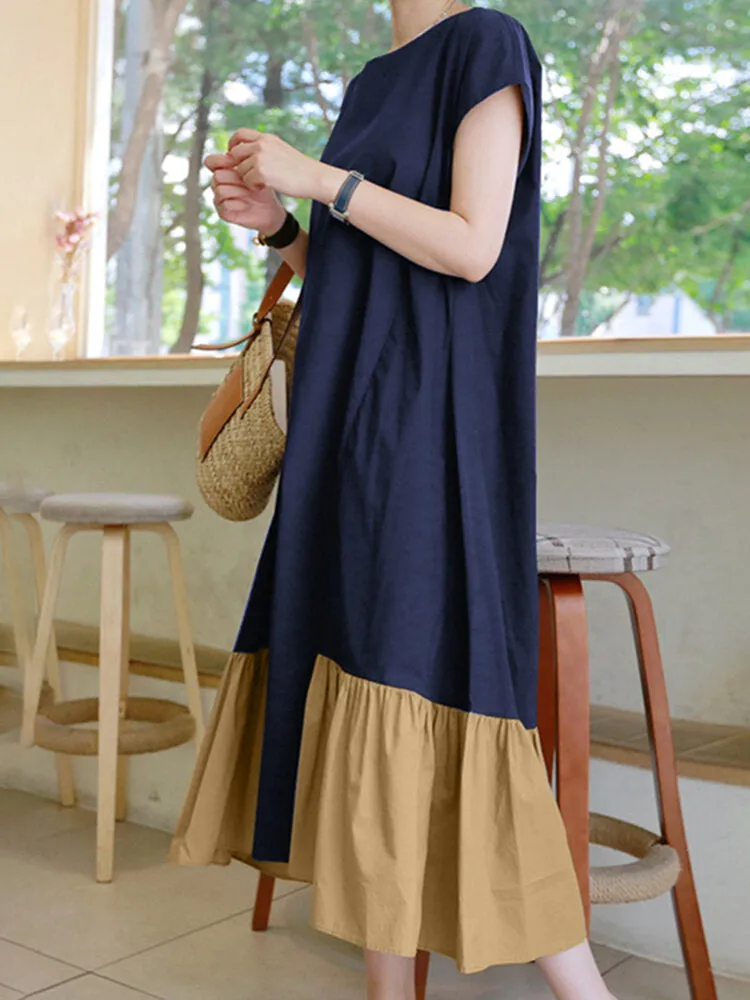 Contrast Color Spliced O-neck Short Sleeve Back Zipper Plain Casual Women Maxi Dress