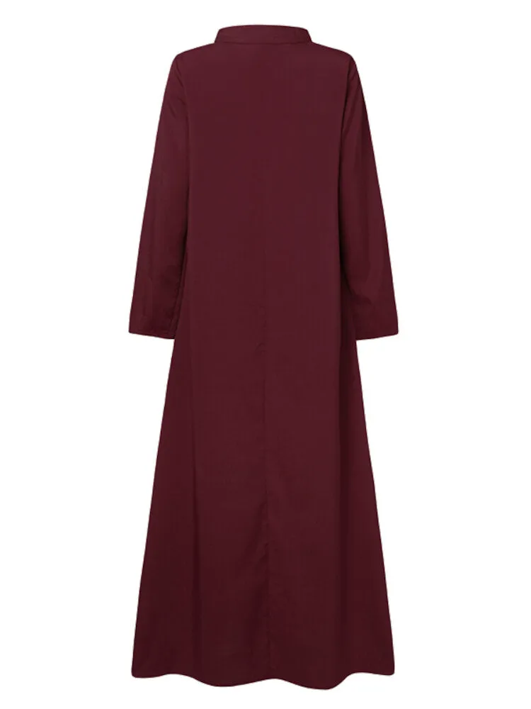 Contrast Color Stitching Bohemian Button Long Sleeve Muslim Abaya Kaftan Women Maxi Dress