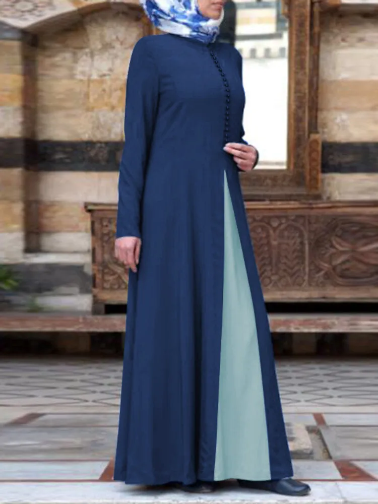 Contrast Color Stitching Bohemian Button Long Sleeve Muslim Abaya Kaftan Women Maxi Dress