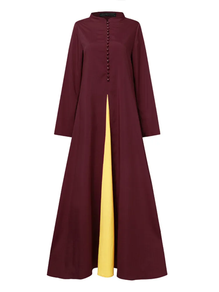 Contrast Color Stitching Bohemian Button Long Sleeve Muslim Abaya Kaftan Women Maxi Dress