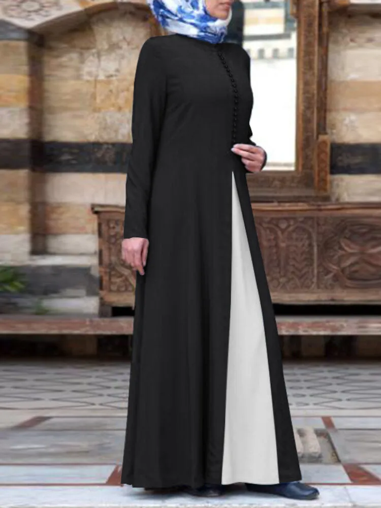 Contrast Color Stitching Bohemian Button Long Sleeve Muslim Abaya Kaftan Women Maxi Dress